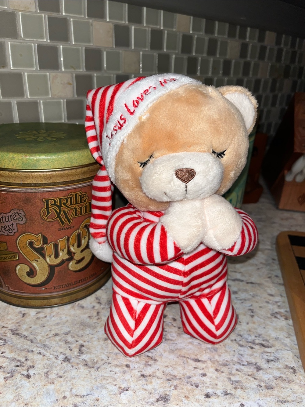 Dan Dee Plush Bear in Red & White Striped Holiday Pajamas - sings Jesus Loves Me